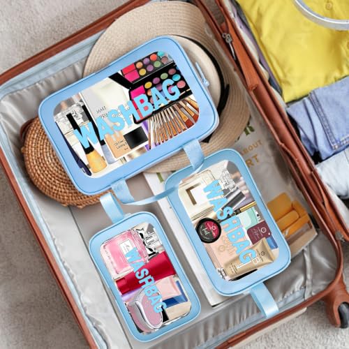 Image of CATRON Makeup PVC Water-Resistant Cosmetic Bag Set 3 Wash Bag Pouch for Multifunctional Travel Kit Toiletry Bag Portable Organizer Case Carry Pouch for Women Bathroom Set (Blue)