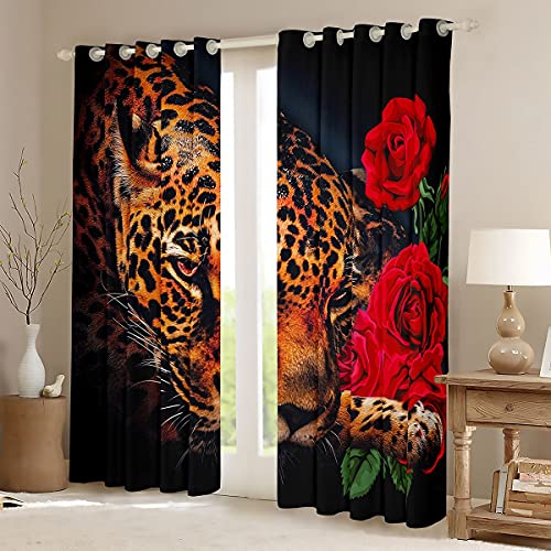 Feelyou Leopard Window Curtains for Bedroom Living Room Red Rose Blooming Floral Curtains for Kids Boys Girl Safari Cheetah Print Window Drapes Wild Animal Branches Decor Window Treatments