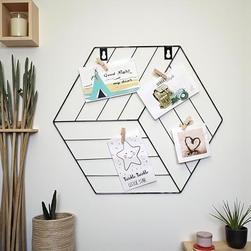 Image of Art Street Hexagon Shape DIY Metal Photo grid wall for photo hanging, wall decoration and display (size- 35 x 40 cm) -Photo clips included