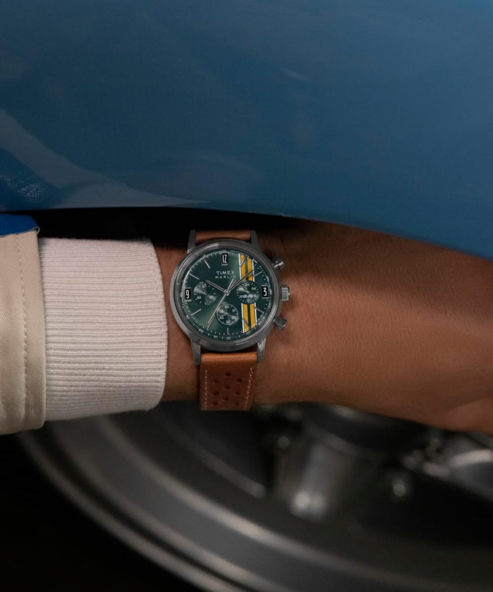 Timex Marlin Chronograph Tachymeter Tw2W99100 Zegarek Męski, 40 mm, Brązowy Skórzany Pasek, Zielona Tarcza i Koperta ze Stali Nierdzewnej