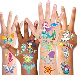 Temporary Tattoos for Kids(80pcs),Konsait Glitter Mermaid Unicorn Butterfly Tattoos for Children Girls Birthday