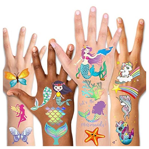 Temporary Tattoos for Kids(80pcs),Konsait Glitter Mermaid Unicorn Butterfly Tattoos for Children Girls Birthday Party Favors Supplies Great Kids Party Accessories Goodie Bag Stuffers Party Fillers
