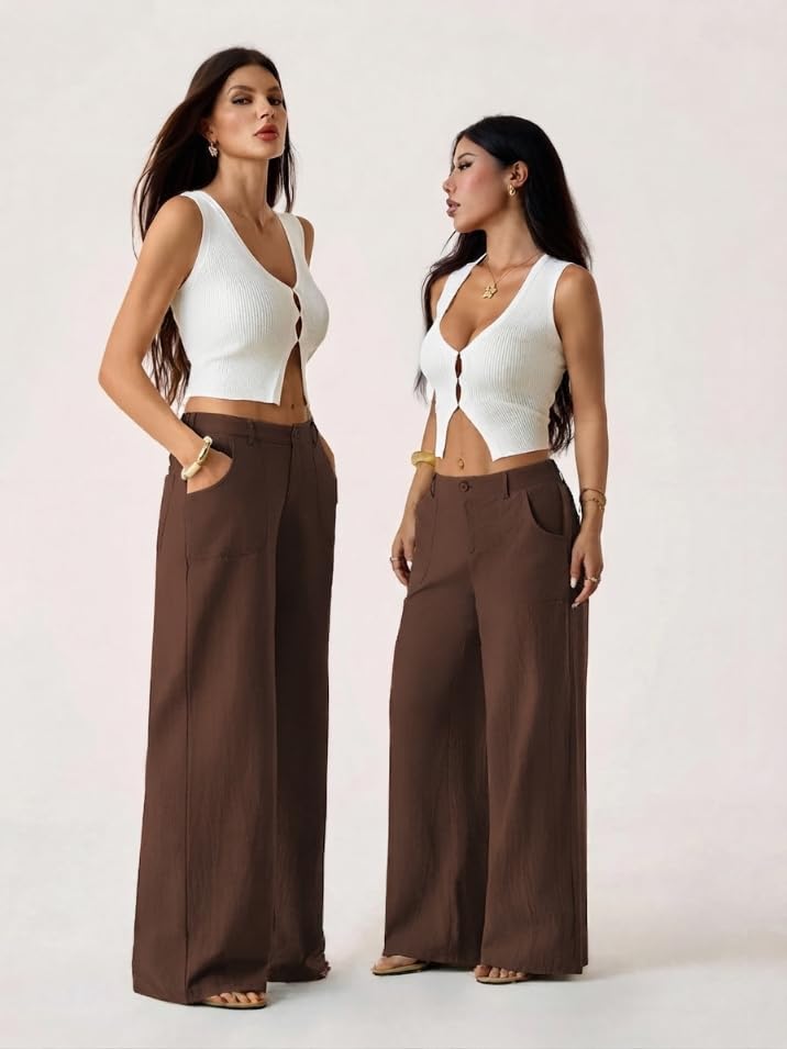 Image of GRECIILOOKS Beige Wide Leg Linen Trousers for Women | High Waist Cotton Baggy Korean Style Casual Pants | Comfortable Formal & Casual Women Trousers