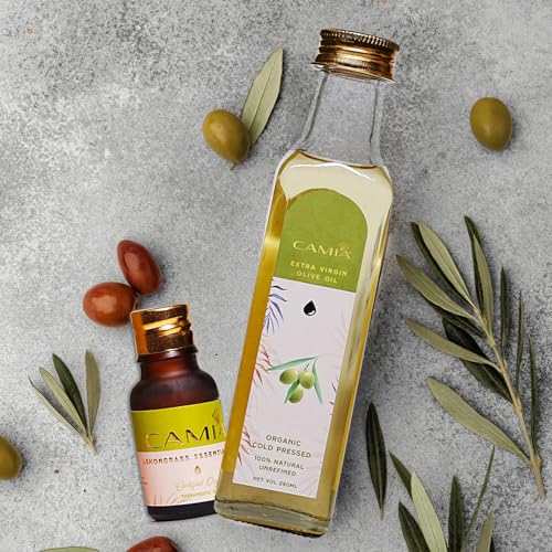 Image of CAMIA - Organic Cold Pressed Olive Oil, 250 ml + Lemongrass Essential Oil, 15 ml | Oil Balance Scalp Care & Hydration Blend Solution Kit | Natural Ingredient | Organic Hair Care Treatment Combo Pack