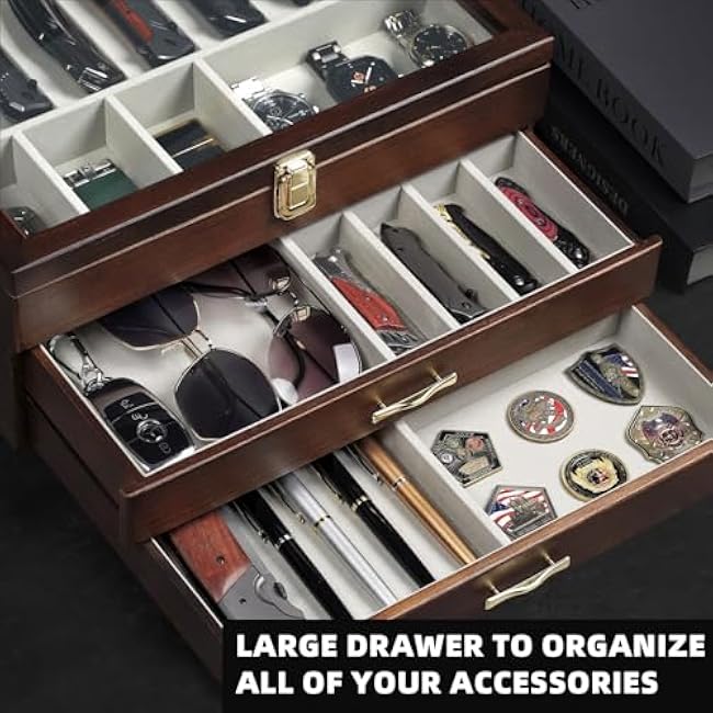 Pocket Knife Display Case for Collection of 30-36 Folding Knives, Pocket Case with Real Glass Window Top, Three-Tier Knife Organizer Storage Box, Men's Gift (Walnut)