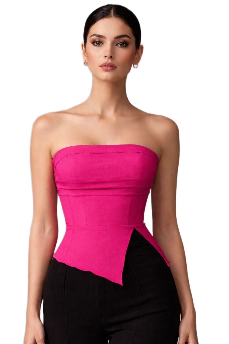 SHEATE Women Solid Strapless Top | Fitted Bodice | Peplum Style | Scalloped Hem | Asymmetrical Front | Structured Silhouette | Stylish Western Top for Women-image-20