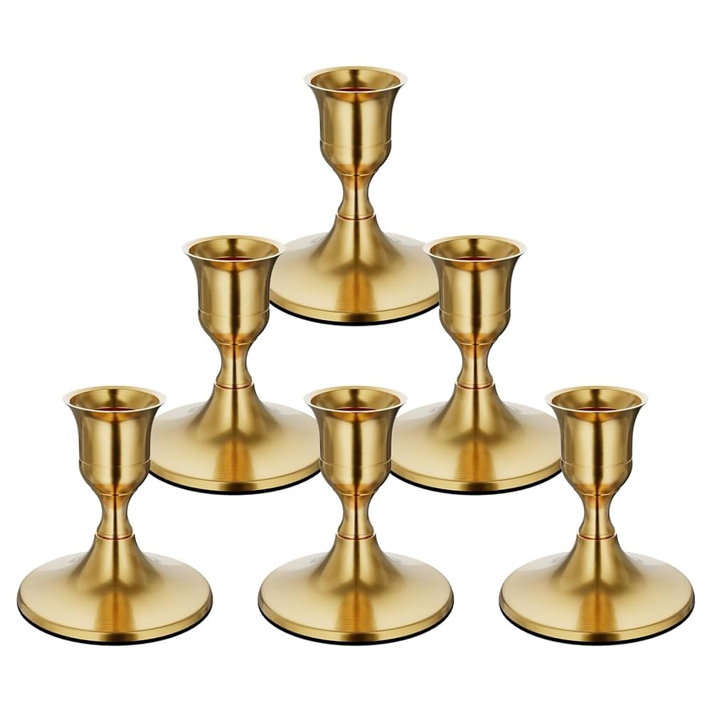 CTRLZS 6PCS Brass Gold Taper Candle Holders, Vintage Metal Candlestick Holders for Dinner Room Table Centerpiece or Mantel