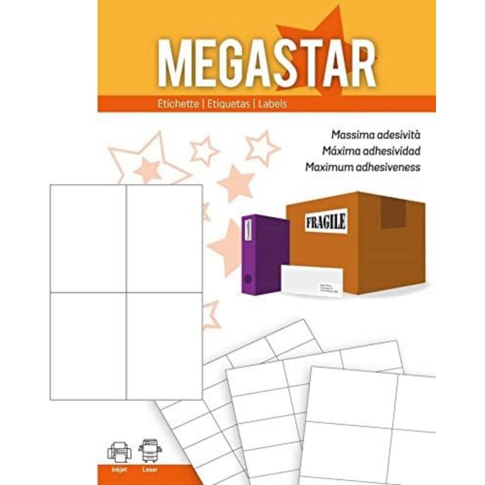 MEGASTAR lp4ms-10548 – Pack of 100 Sheets Self-Adhesive Labels, 105 x 48 mm, White