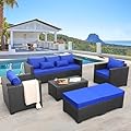 Rattaner 6 Pieces Patio Wicker Furniture Set Outdoor PE Rattan Conversation Couch Sectional Chair Sofa Set with Royal Blue Cushions
