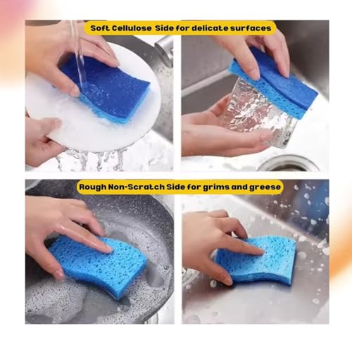 Image of Non-Scratch Cellulose Scrub Sponges, Multipurpose ECO Friendly Plant Based Kitchen Cleaning Sponges, Dual-Sided, with Pan and Grill Scrappers, 12 Pack Blue, Green and Pink