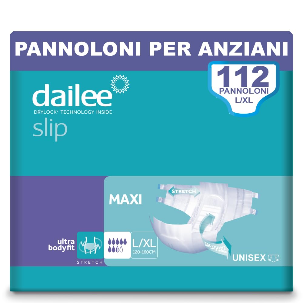 Dailee Slip L/XL - 112x Pannoloni Per Anziani a Mutandina - 4 Confezioni da 28 Pezzi, Assorbenza Maxi 7,5 Gocce - Mutanda Assorbente Incontinenza Adulto