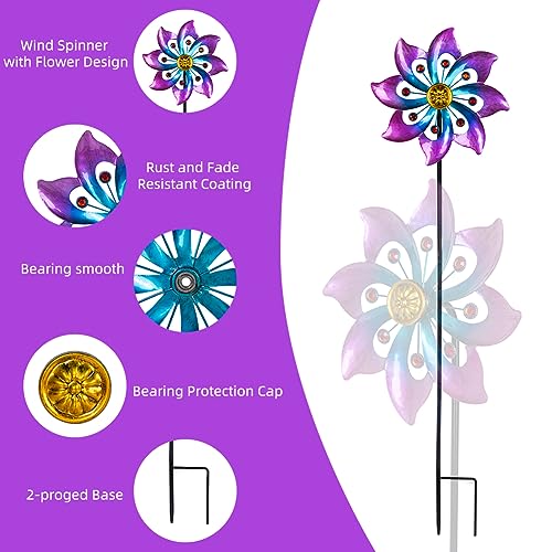 Image of DREAMYSOUL Wind Spinners Outdoor, 9.6 inch Dia*40 inch H Metal Garden Pinwheels, Kinetic Wind Spinners for Yard and Garden Lawn Art Decor (Purple)