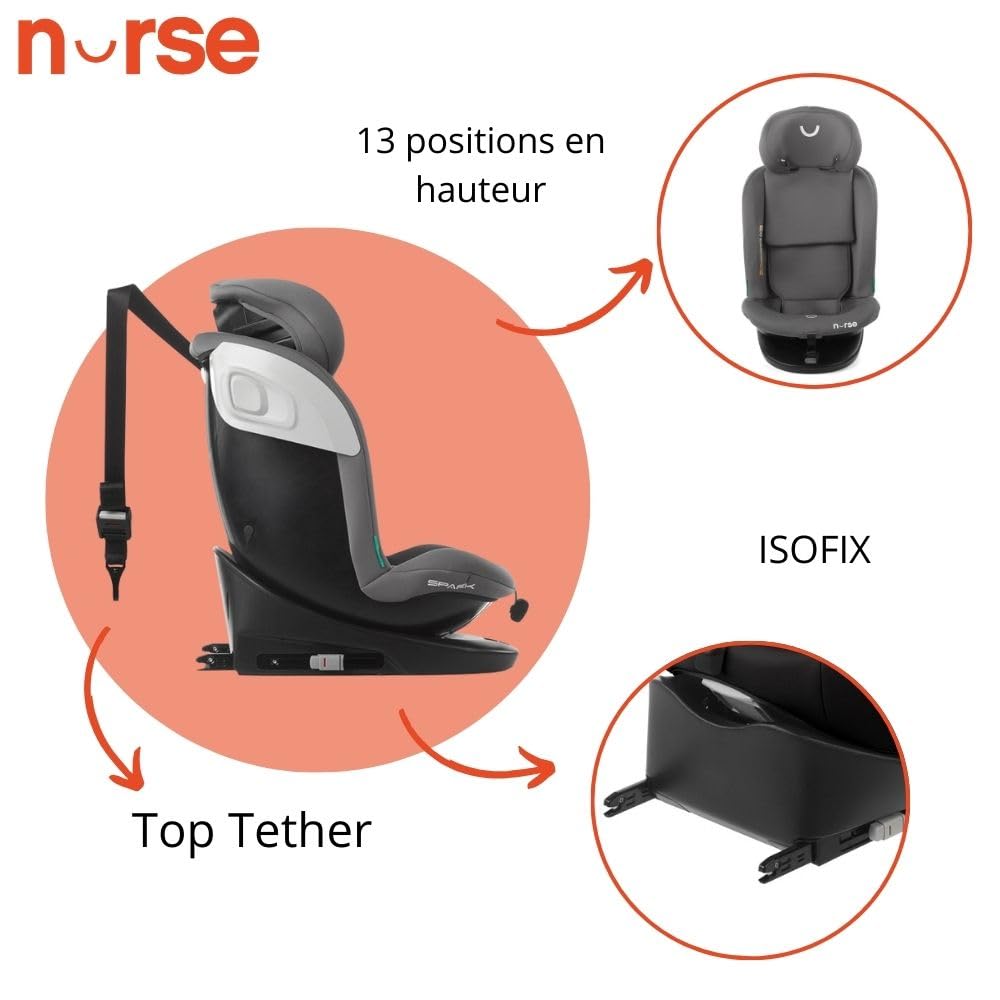 Nurse Spark Siège Auto Bébé iSize, 40 à 150 cm, 0 à 12 Ans, Isofix, Top Tether, Pivotant 360, Position de Charge, 13 Positions, Gris