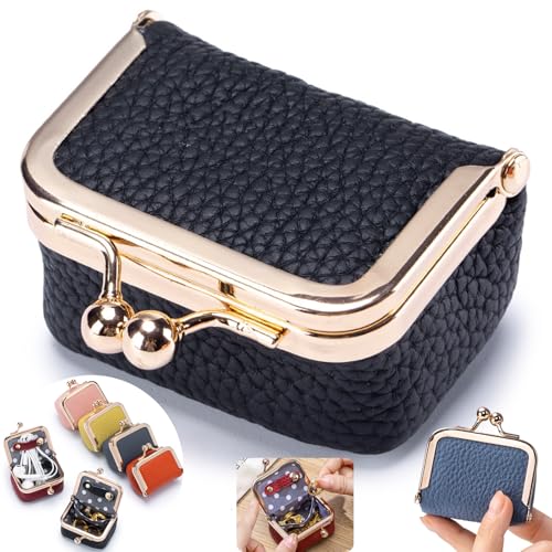 Genuine Leather Mini Jewelry Box - Vintage-Inspired Travel Jewelry Organizer with Kiss Lock Compact Ring Box for Women Perfect for Earrings Rings Necklaces Bracelets - Ideal Gift for Her (Black)