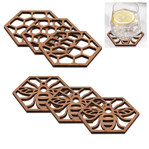 MOROBOR Posavasos hexagonales de madera, juego de 6 posavasos de madera de panal de abeja, alfombrilla de aislamiento de madera hueca con temática de abeja, para cocina, comedor, mesa de café