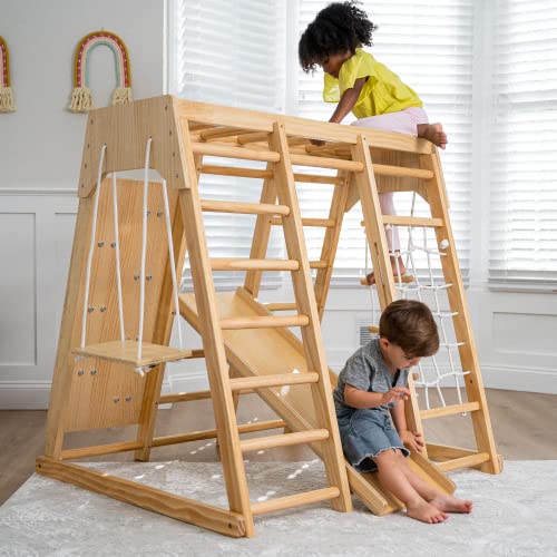 Image of Avenlur Magnolia Indoor Playground 7-in-1 Jungle Gym Playset for Kids 2-6yrs - Slide, Climbing Wall, Rope Wall Climber, Monkey Bars, Swing - Waldorf and Montessori Style Wooden Climb Set.