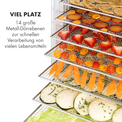 Klarstein Fruit Jerky 14 - Dörrgerät, Obst-/Fleisch- und Früchte-Trockner mit 1,8 m² Trockenfläche und 14 Etagen, 1000 Watt Leistung, stufenlos bis 70 °C einstellbar, Timer, stabiles Gehäuse, schwarz – Bild 5