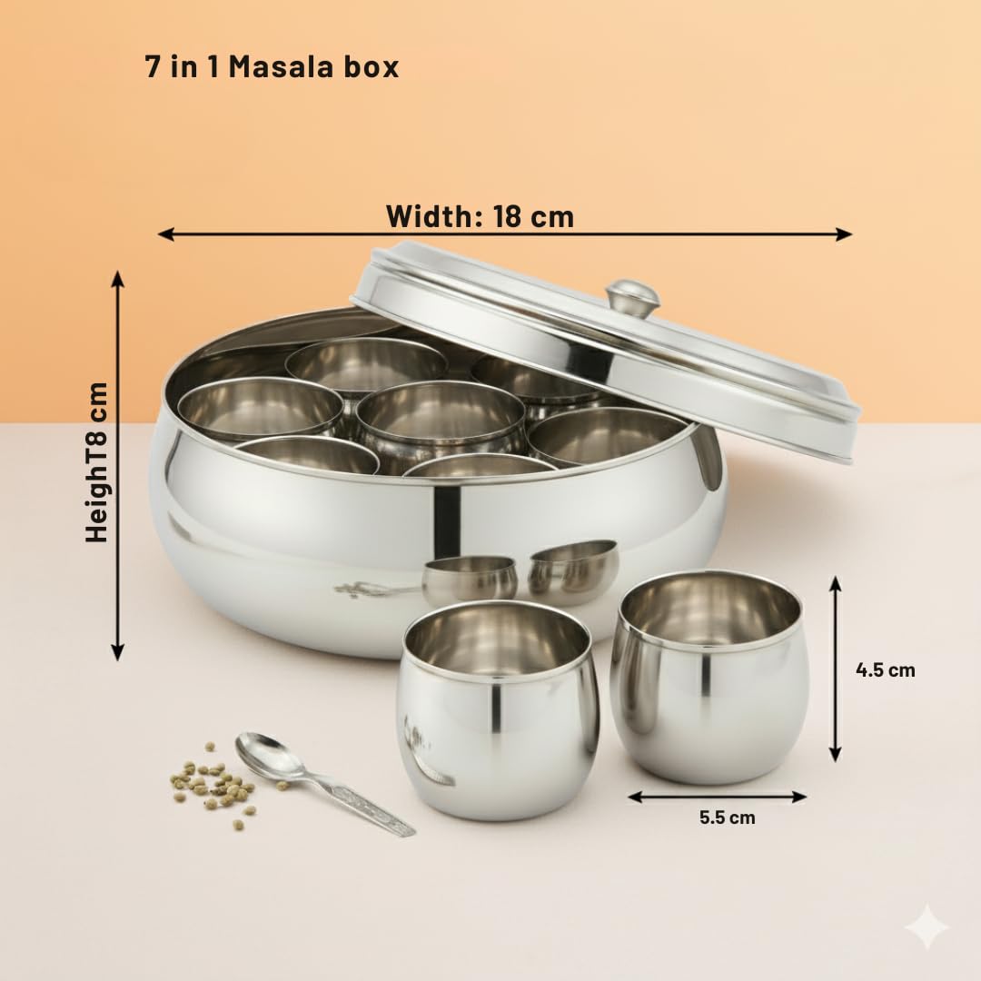 Human Hydro Premium Belly Shape Masala Dabba (18 cm, 7-in-1) | Stainless Steel Spice Box with See-Through Lid, 7 Containers & 1 Spoon | Compact Airtight Masala Box — Amazon image 3