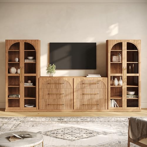 Image of BELLEZE Jagger 128 inch Wall Unit 4-Piece Modular TV Stand - Camel