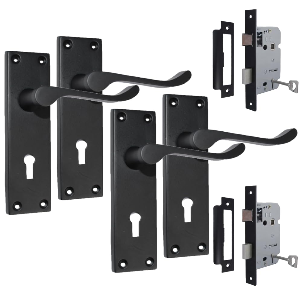 Epsom Door Handle Victorian Scroll Matt Black Lever Set – Backplate Design – Supplied with 3-Lever Mortice Sash Mechanism – 2 Pairs
