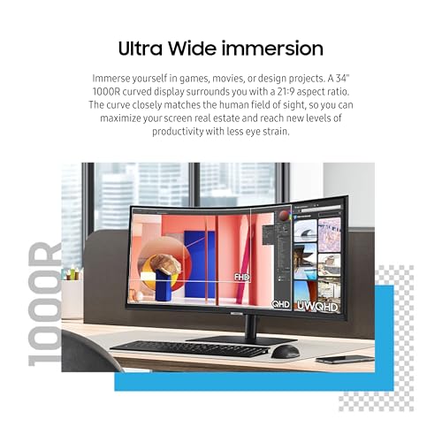 Image of Samsung 34-Inch ViewFinity S65VC Series Ultra-WQHD Curved Computer Monitor, 100Hz, AMD FreeSync, HDR10, USB-C, Built-in Speaker, Camera, KVM Switch, Eye Care, Eco-Packaging, LS34C650VANXGO, Black