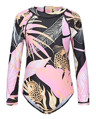 Image of Girls One Piece Swimsuits Long Sleeve Rash Guard for Kids Girls Hawaiian Swim Shirts UPF 50+ Sun Protection