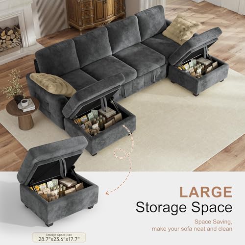 Image of Hanherry 104 inch Sectional Couch with Pull Out Sofa Bed,Chenille Sleeper Sofa with Storage Ottoman & USB Charging,Comfy U Shaped Modular Couches for Living Room,Apartment