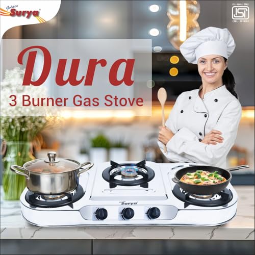 Image of Golden Surya 3 Burner Gas Stove for PNG with Brass Burners, Premium Stainless Steel Body, Manual Ignition, ISI Certified (Dura PNG)