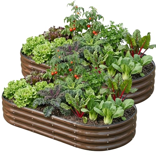 Image of SnugNiture 2 Pcs 6x3x1ft Oval Metal Raised Garden Bed for Vegetables, Brown | Protective rubber edging strips thickened corrugated galvanized steel