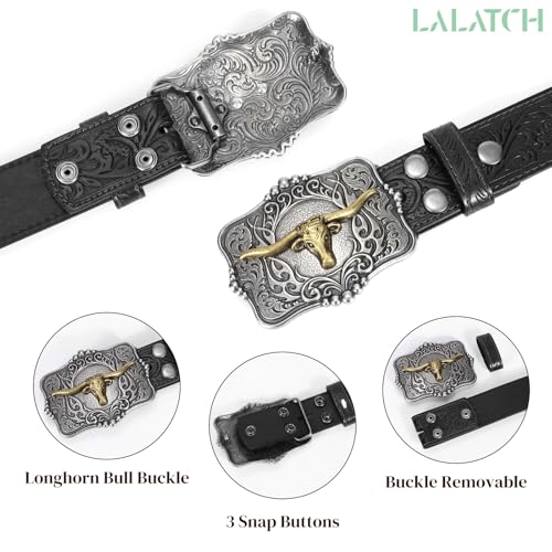 Image of Cowboy Cowgirl Belt Western Belts for Men Women Floral Engraved Longhorn Bull Buckle Belt for Jeans