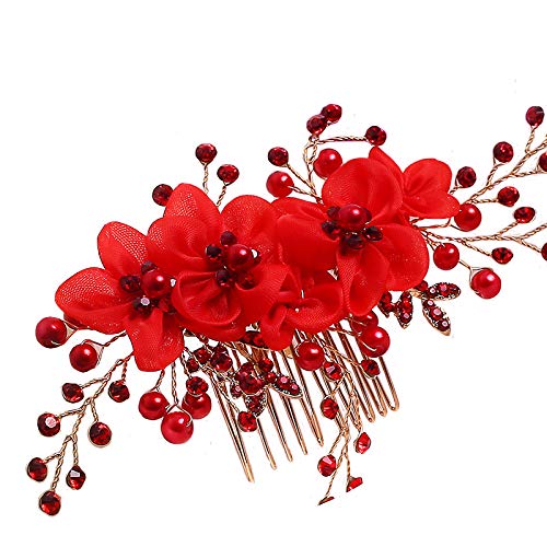YAZILIND Beauty Bridal Cheveux Peigne Rouge Dentelle Fleurs Strass Cheveux Mariage Accessoires pour Femmes