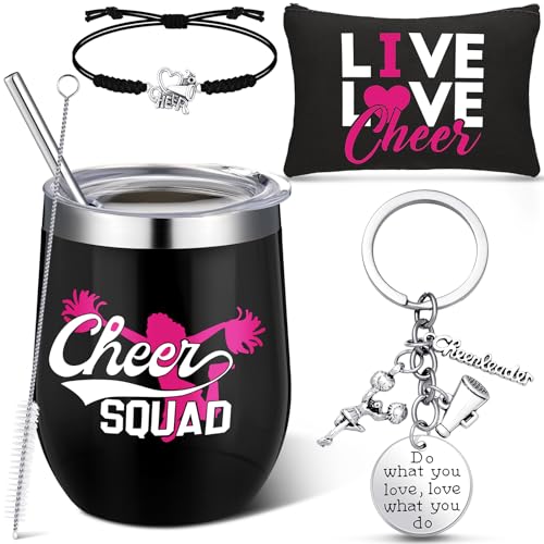 Irenare 4 Pcs Black Cheerleader Gifts Cheer Stuff 12 oz Stainless Steel Tumbler Cup Makeup Bag Keychain Bracelet Set Gift Bulk for Cheerleader Coach Girls Women Sports Team Accessories
