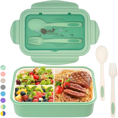 Bibury Boîte à Déjeuner en Plastique pour Enfant Adulte avec Trois Compartiments et des Couverts(Fourchette et Cuillère), sans BPA, pour Micro-Ondes et...