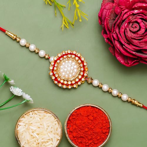 Image of eCraftIndia Set of 5 Multicolor Beads Pearls Diamond Rudraksha Rakhis for Brother Bhaiya Bhai | Roli Chawal Pack | Raksha Bandhan Rakhi