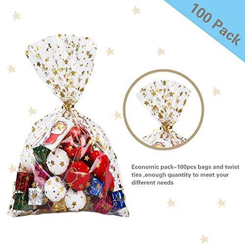 Coqofa 100 Pcs Star Printed 8"X 12" Gift Wrap Cello Cellophane Treat Bags Party Favor Bags Clear Candy Cookie Bags Plastic Poly Goodie Storage Bags With Twist Ties For Bakery,Birthday, Wedding ,Party Decorations (Gold) #TOP2