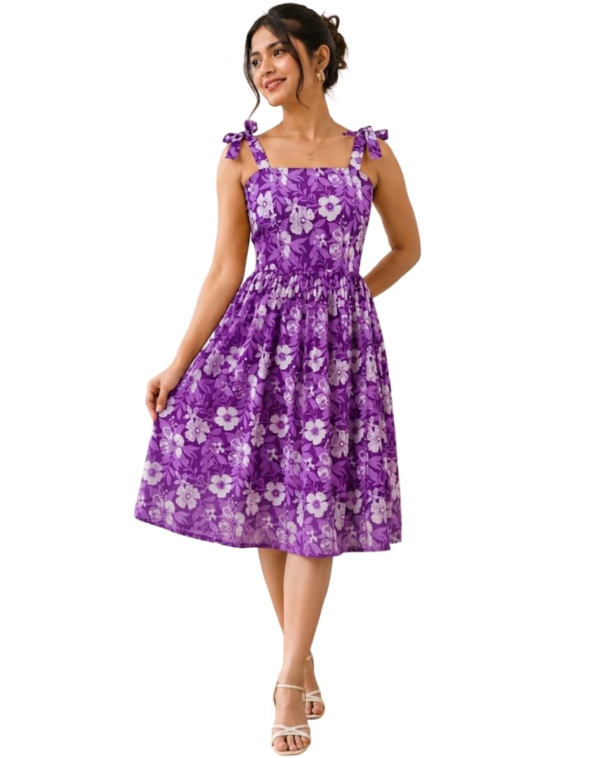 Women’s Purple Floral Printed Fit & Flare Midi Dress with Shoulder Tie-Up Straps-picture-22