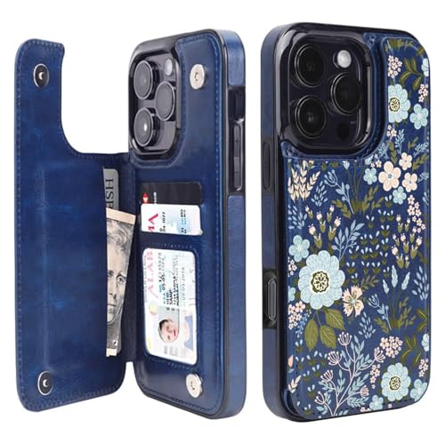 uCOLOR Compatible with iPhone 16 Pro 6.3 Wallet Case with Card Holder Slot Folio Flip PU Leather Kickstand Double Magnetic Clasp and RFID Blocking Design Cover 6.3 Inch (Blue Daisy)