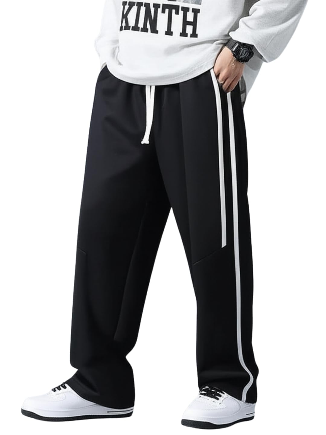 urban buccachi Men's Black Track Pants with White Side Stripes | 4-Way Lycra Twill Polyester Baggy Wide Leg Joggers | Drawstring Flexi Waist Lounge Bottoms-picture-23