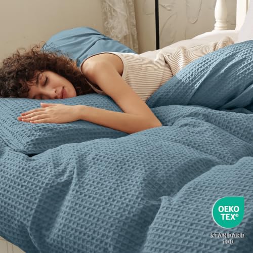 Image of PHF Waffle Duvet Cover Set Queen Size, No Snagging Ultra Soft Luxury Textured Breathable Comforter Cover for All Season 3pcs, Durable Bedding Duvet Set with 2 Pillow Shams, 90 inchx90 inch, Stormy Blue