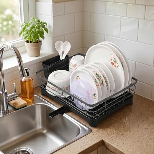 Image of Kuber Industries Stainless Steel Kitchen Drying Rack with Drain Tray & Cutlery Holder | Countertop Utensils Stand | Dish Rack for Kitchen | Bartan Stand | Gray