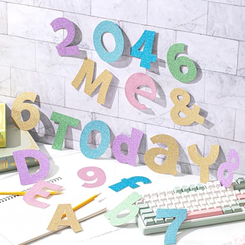 Image of Colarr 216 Pcs 4 Inch Glitter Bulletin Board Letters for Classroom Alphabet Punctuation Symbol Cutout Die-Cut Colorful Poster Letter with Adhesive Dot School Party Holiday Decor Display