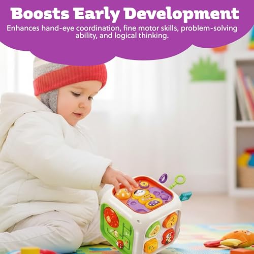 Image of ToyTastic Baby Activity Cube Toy, 6-in-1 Montessori Learning Cube for Toddlers, Sensory Busy Board with Gears, Beads, Shape Sorter & Educational Developmental Toy for Infants 12+ Months