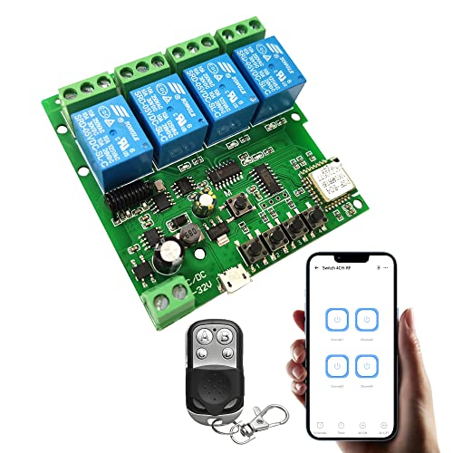 Jane Eyre Módulo de interruptor de autobloqueo de relé momentáneo WiFi de 4 canales con control remoto RF de 433 MHz, módulo de interruptor de puerta de garaje DIY Control de eWeLink APP