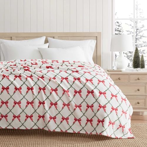 Martha Stewart - Blanket, Incredibly Soft Throw Blanket for Couch or Bed, Printed Plush & Oversized Bedding (Emmas Bow White, 60