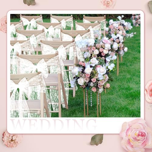 VitalCozy 50 Pcs Vintage Chair Sashes Embroidered Boho Bows Rustic Floral Chair Ties for Wedding Bridal Shower Baby Shower Birthday Party Table Decoration, 7 x 108 Inches(Lace,White)