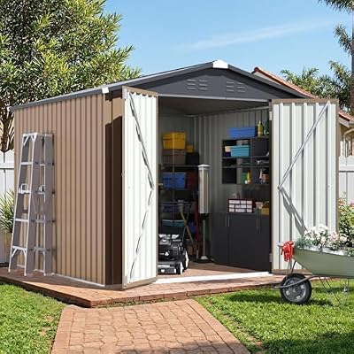 JUMMICO 8x8 FT Outdoor Storage Shed, Heavy Duty Tool Metal Sheds with 3 Lockable Doors and Updated Frame Structure, Utility Shed for Backyard, Patio, Lawn, Brown