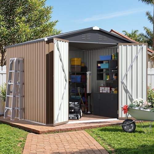 Image of JUMMICO 8x8 FT Outdoor Storage Shed, Tool Metal Sheds, Brown | Lockable Door, Sloping Roof, Waterproof Utility Garden Shed for Backyard Patio Lawn, 7.5x7.5 FT