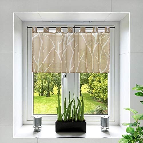 Yujiao Mao Voile Sheer Window Valance Branch Pattern Half Window Curtain Tab Top Cafe Curtain for Kitchen Bathroom Living Room,1pc (Sand,W35 x L23 inch)