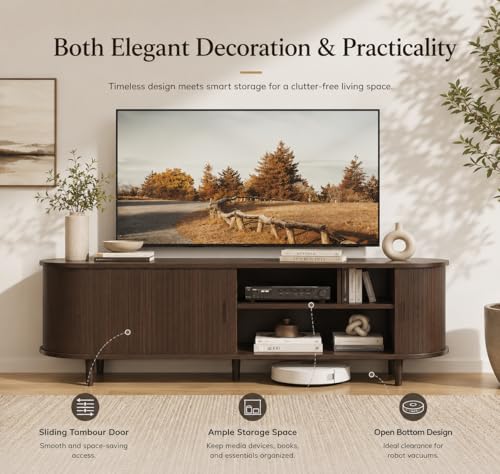 MXV 58" Mid-Century Modern TV Stand with Sliding Doors, TV Consoles with Power Outlet, Fluted Entertainment Center with Adjustable Shelves for Living Room - Image 4