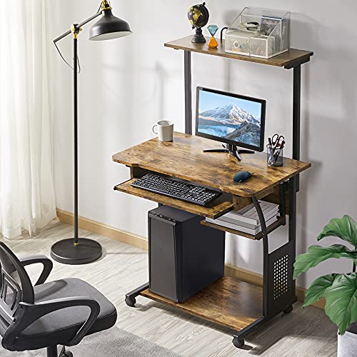 Yaheetech 3 Tiers Rolling Computer Desk With Keyboard Tray And Printer Shelf For Home Office, Mobile Computer Desk For Small Space, Retro Computer Table Compact Pc Laptop Workstation, Rustic Brown #TOP1